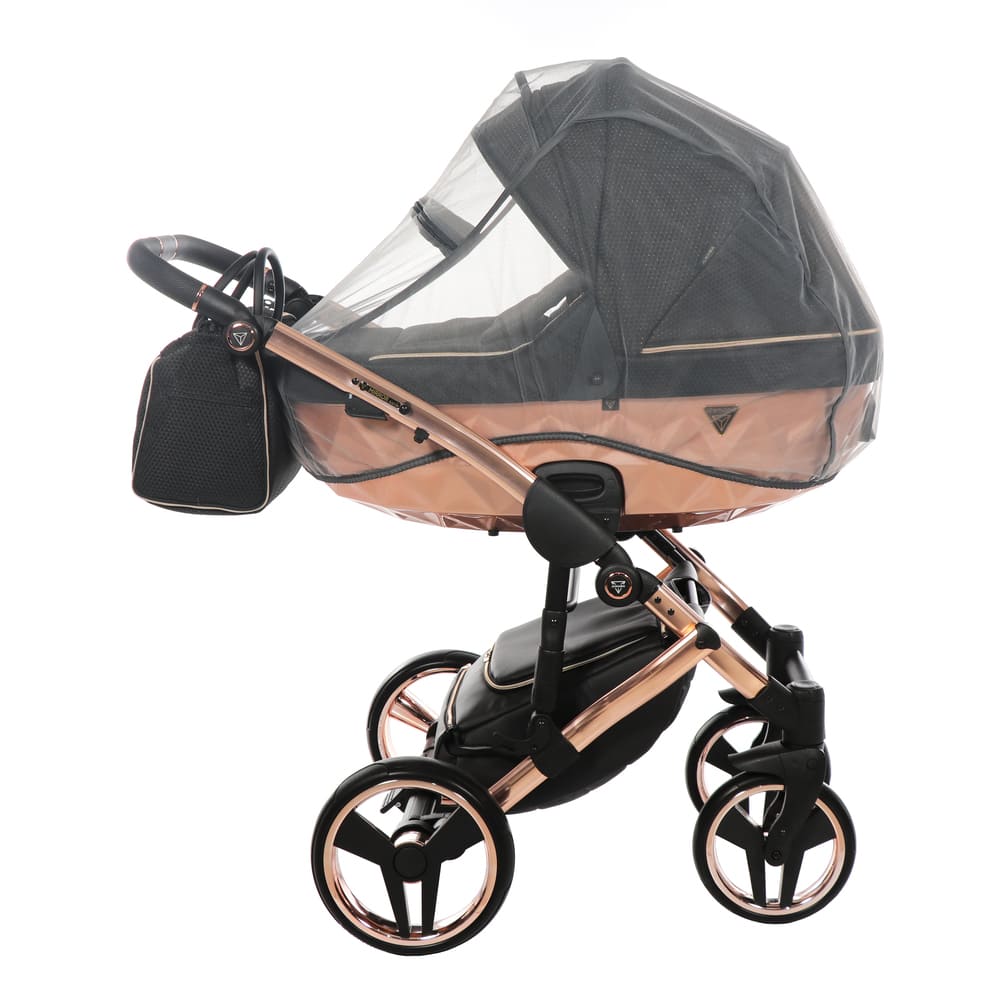 Trio Junama Mirror Satin 3 in 1 Tessuto Nero Navicella Champagne Telaio Oro Rosa
