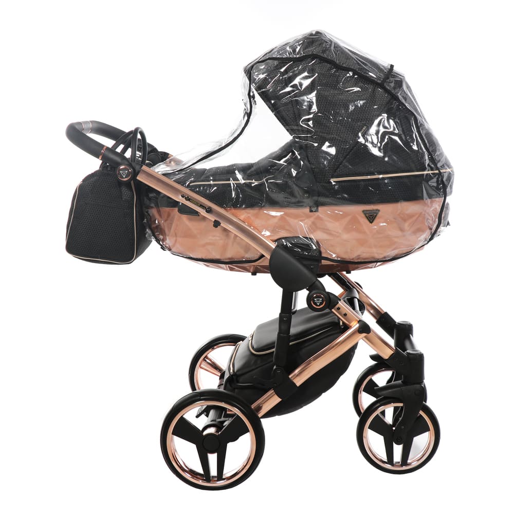 Trio Junama Mirror Satin 3 in 1 Tessuto Nero Navicella Champagne Telaio Oro Rosa