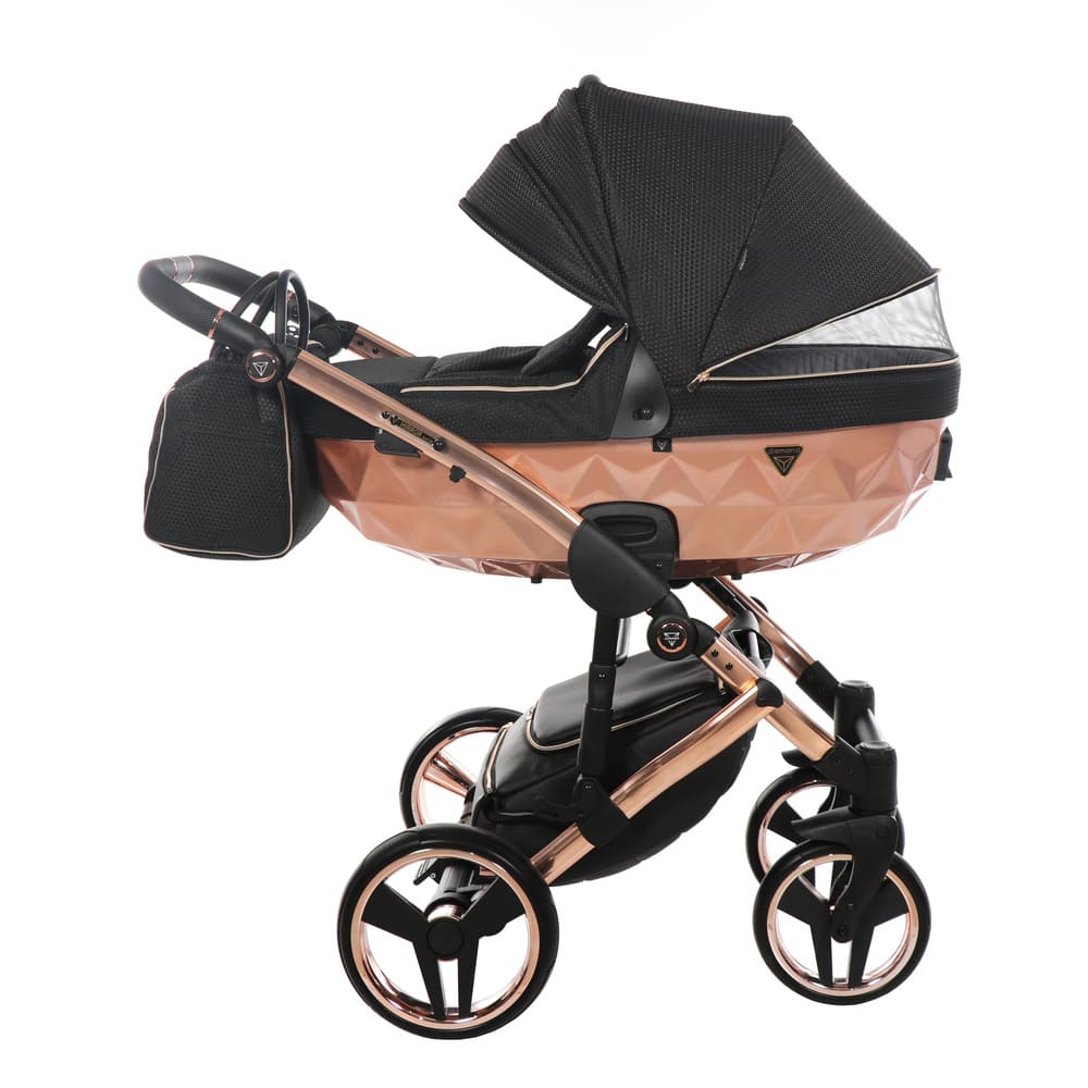 Trio Junama Mirror Satin 3 in 1 Tessuto Nero Navicella Champagne Telaio Oro Rosa