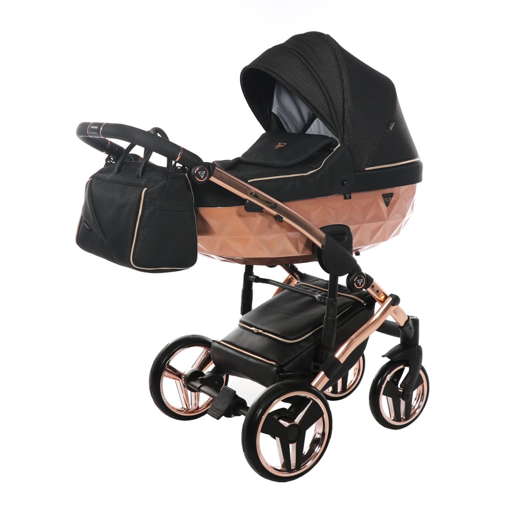 Trio Junama Mirror Satin 3 in 1 Tessuto Nero Navicella Champagne Telaio Oro Rosa