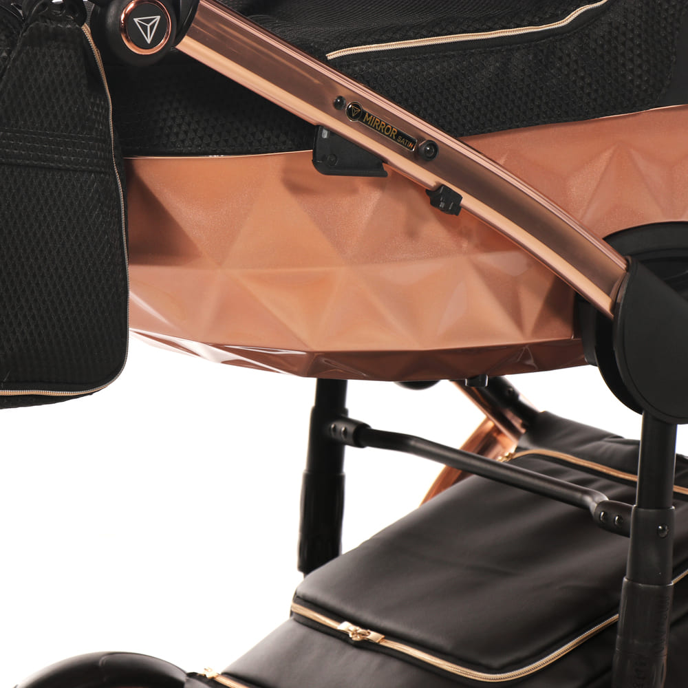 Trio Junama Mirror Satin 3 in 1 Tessuto Nero Navicella Champagne Telaio Oro Rosa