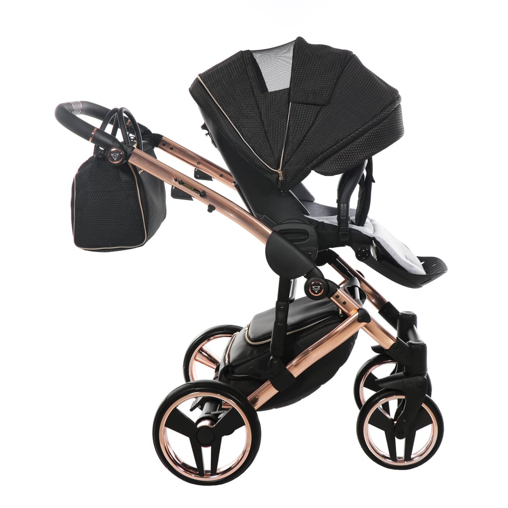 Trio Junama Mirror Satin 3 in 1 Tessuto Nero Navicella Champagne Telaio Oro Rosa