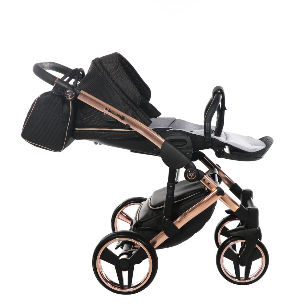Trio Junama Mirror Satin 3 in 1 Tessuto Nero Navicella Champagne Telaio Oro Rosa