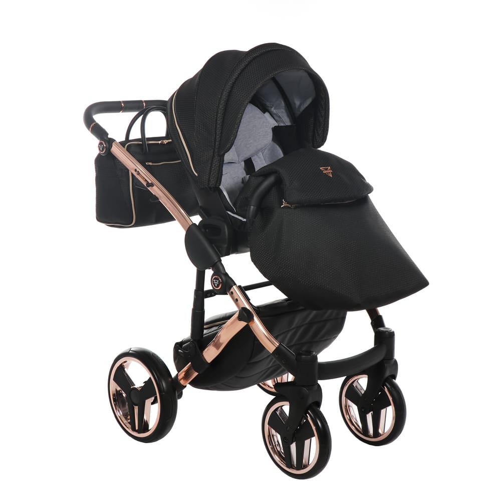 Trio Junama Mirror Satin 3 in 1 Tessuto Nero Navicella Champagne Telaio Oro Rosa