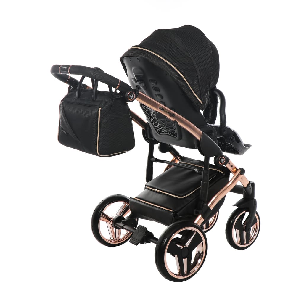 Trio Junama Mirror Satin 3 in 1 Tessuto Nero Navicella Champagne Telaio Oro Rosa